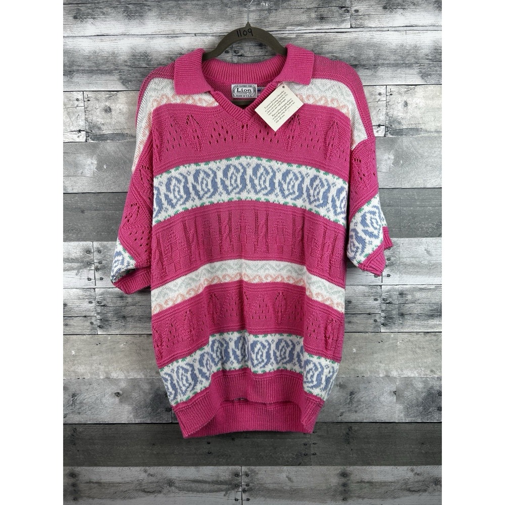 Lion Women's VTG Knitted XL Pink Short Sleeve Sweater